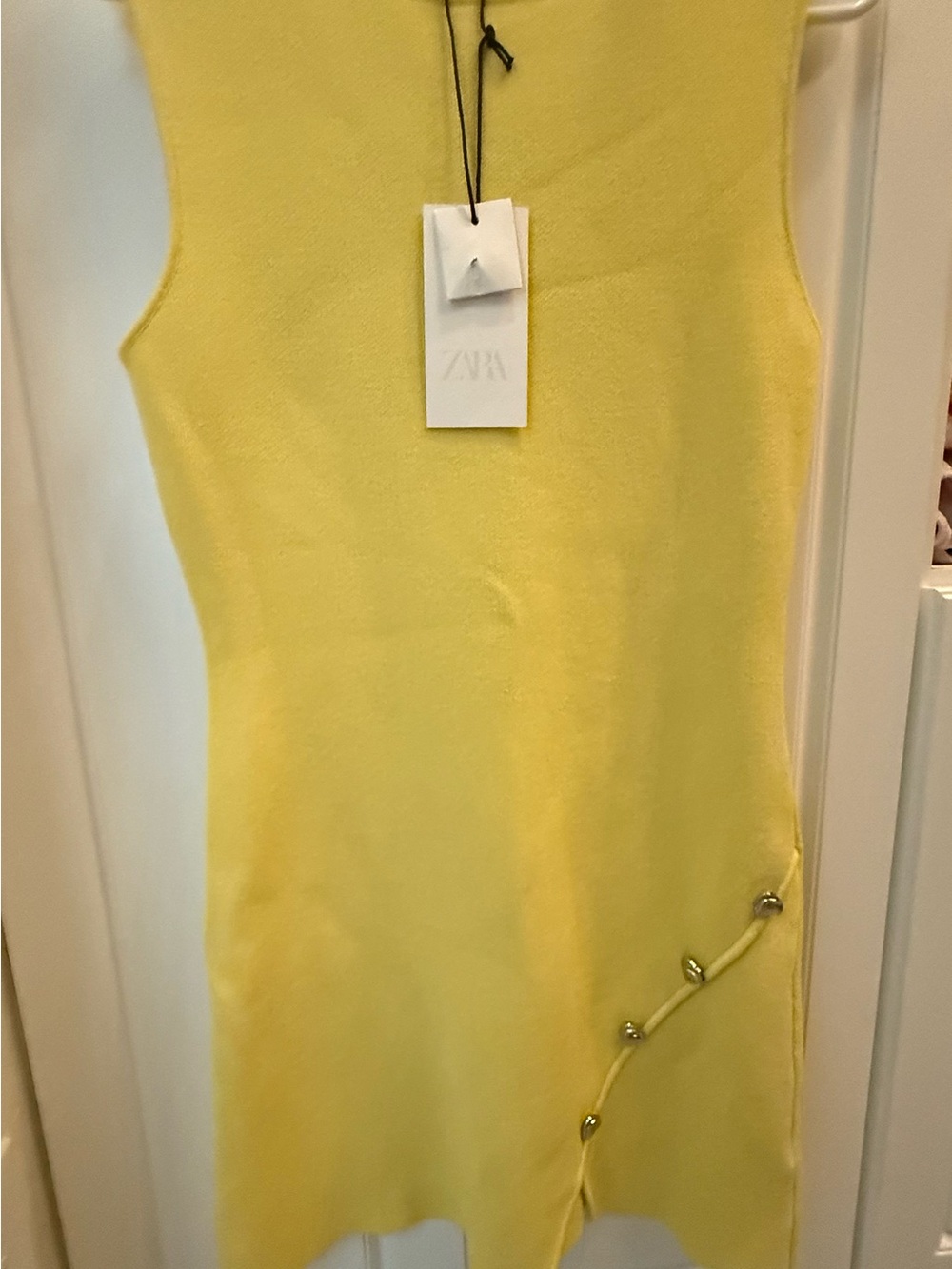 ZARA Bright Yellow Sleeveless Mini Dress with Curved Button Detail